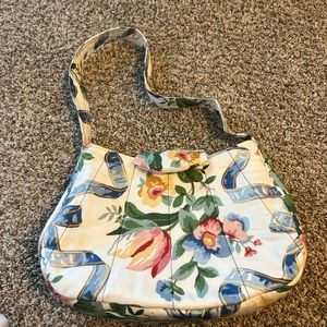 White and Blue Floral Shoulder Bag with Single Strap